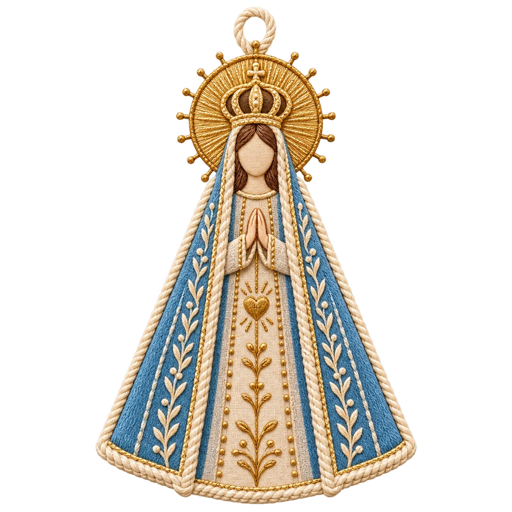 Nossa Senhora em bordado, com manto azul e coroa dourada