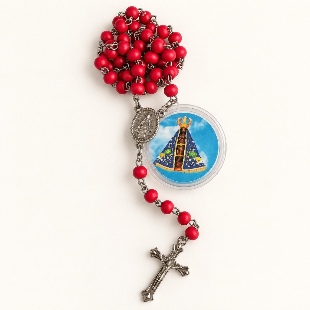 Terço perfumado de contas vermelhas com Nossa Senhora Aparecida